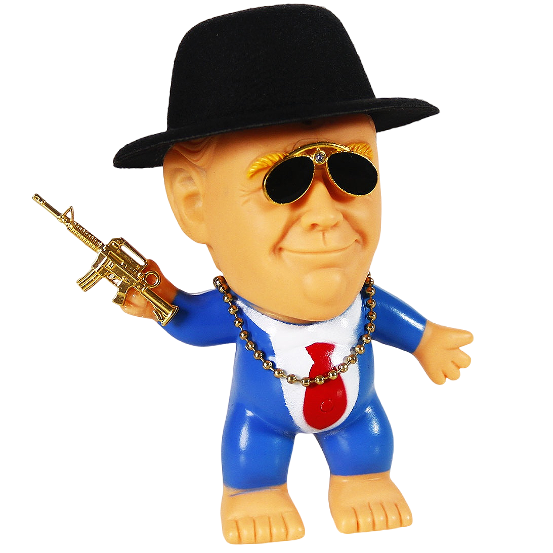 Trump merchandise Rubber Troll Doll trump gifts with Sunglasses Hat Golden Necklace Mini Toy Gun Trolls Toys Donald Trump Gifts for Trump Fans Donald Trump Merchandise (Style A)