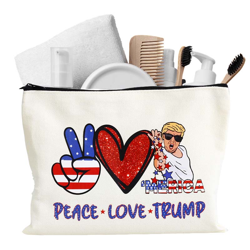 Cute Trump President Canvas Cosmetic Bag as Trump Merchandise Clearance Peace Love Makeup Zipper Pouch Bag for Women Trump Gift bags as Trump 2025 Gifts Inspirituial Gifts for Women Trump