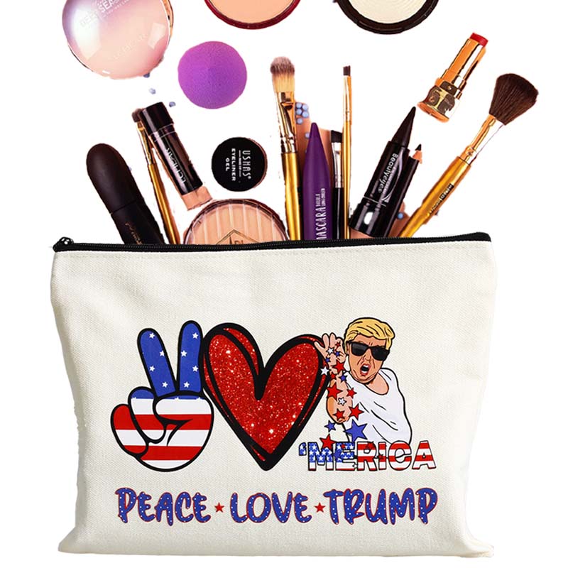 Cute Trump President Canvas Cosmetic Bag as Trump Merchandise Clearance Peace Love Makeup Zipper Pouch Bag for Women Trump Gift bags as Trump 2025 Gifts Inspirituial Gifts for Women Trump