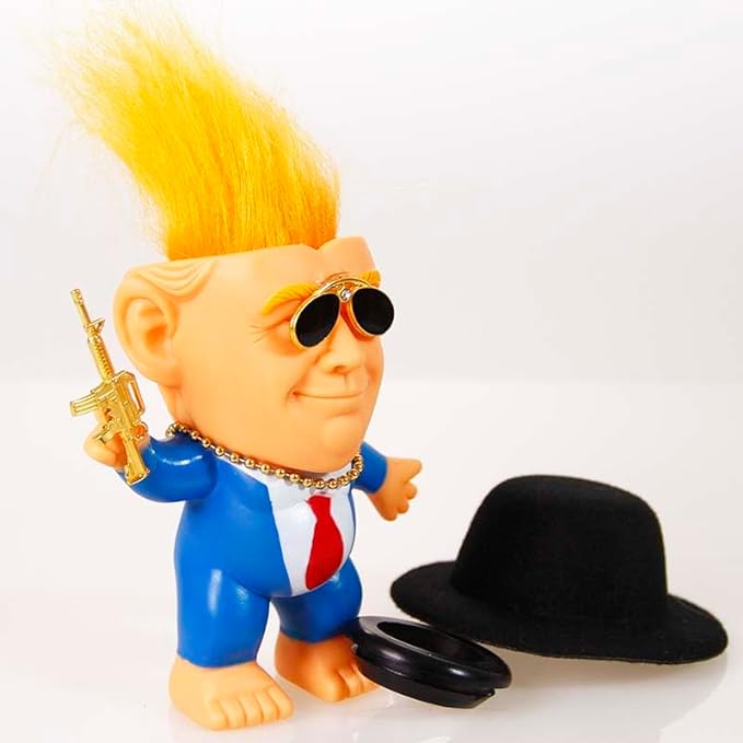 Trump merchandise Rubber Troll Doll trump gifts with Sunglasses Hat Golden Necklace Mini Toy Gun Trolls Toys Donald Trump Gifts for Trump Fans Donald Trump Merchandise (Style A)