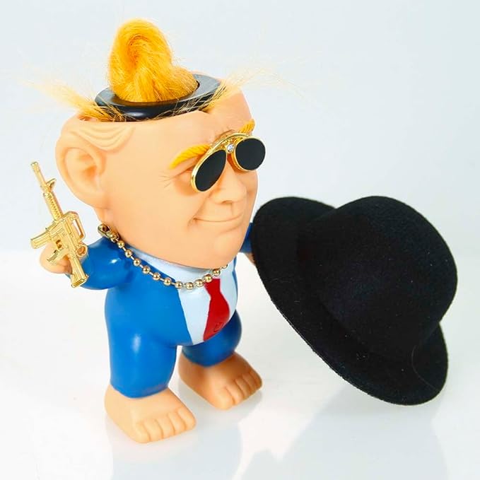 Trump merchandise Rubber Troll Doll trump gifts with Sunglasses Hat Golden Necklace Mini Toy Gun Trolls Toys Donald Trump Gifts for Trump Fans Donald Trump Merchandise (Style A)