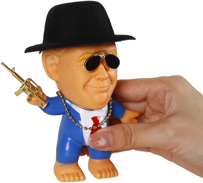 Trump merchandise Rubber Troll Doll trump gifts with Sunglasses Hat Golden Necklace Mini Toy Gun Trolls Toys Donald Trump Gifts for Trump Fans Donald Trump Merchandise (Style A)