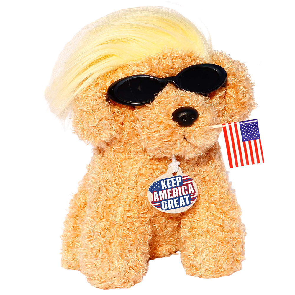 Trump Teddy Dog with Wig, Tag and Flag Donald Trump Merchandise Trump Doll Trump Dog Toy Funny Trump Gifts Trump Decor Funny Toys Donald Trump Gifts Trump Accessories