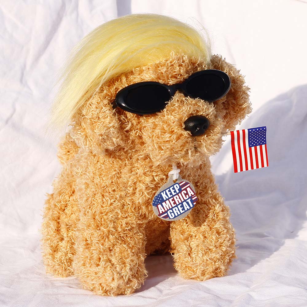 Trump Teddy Dog with Wig, Tag and Flag Donald Trump Merchandise Trump Doll Trump Dog Toy Funny Trump Gifts Trump Decor Funny Toys Donald Trump Gifts Trump Accessories